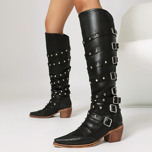 Cow Boy Women Western Styles Knee High <b>Boots</b> <b>Wedge</b> Chunky Heels Booties Pointed Toe Metal Buckles Shoes - Product Image 2