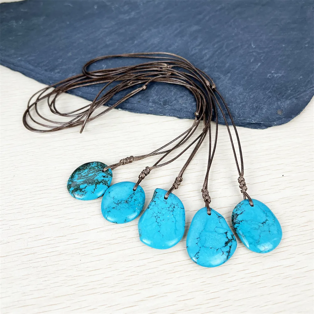 Hot selling handmade knotted rope necklace natural stones polished raw crystal turquoise pendants natural stone necklace unisex