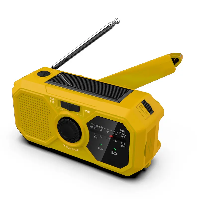 מכירה חמה רדיו חירום חיצוני AM FM WB סולארי דינמו יד ארכובה רדיו נייד עם פנס