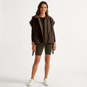 2026 Best Selling <b>Women's</b> Dark Brown Oversized <b>Sherpa</b> Fleece Vest Casual Stand Collar Sleeveless <b>Jacket</b> Drawstring Hem OEM - Product Image 1