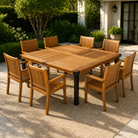 Ensemble de salle à manger d'extérieur en bois d'acacia 9 pièces, table de patio carrée finition teck avec 8 chaises à accoudoirs, idéal pour jardin, patio ou cour arrière