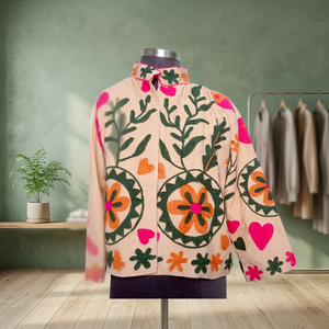 Veste en velours côtelé brodée florale pour femme, col mandarin, manches trois quarts, style chic prairie printanier, vente en gros Suzani - Product Image 2