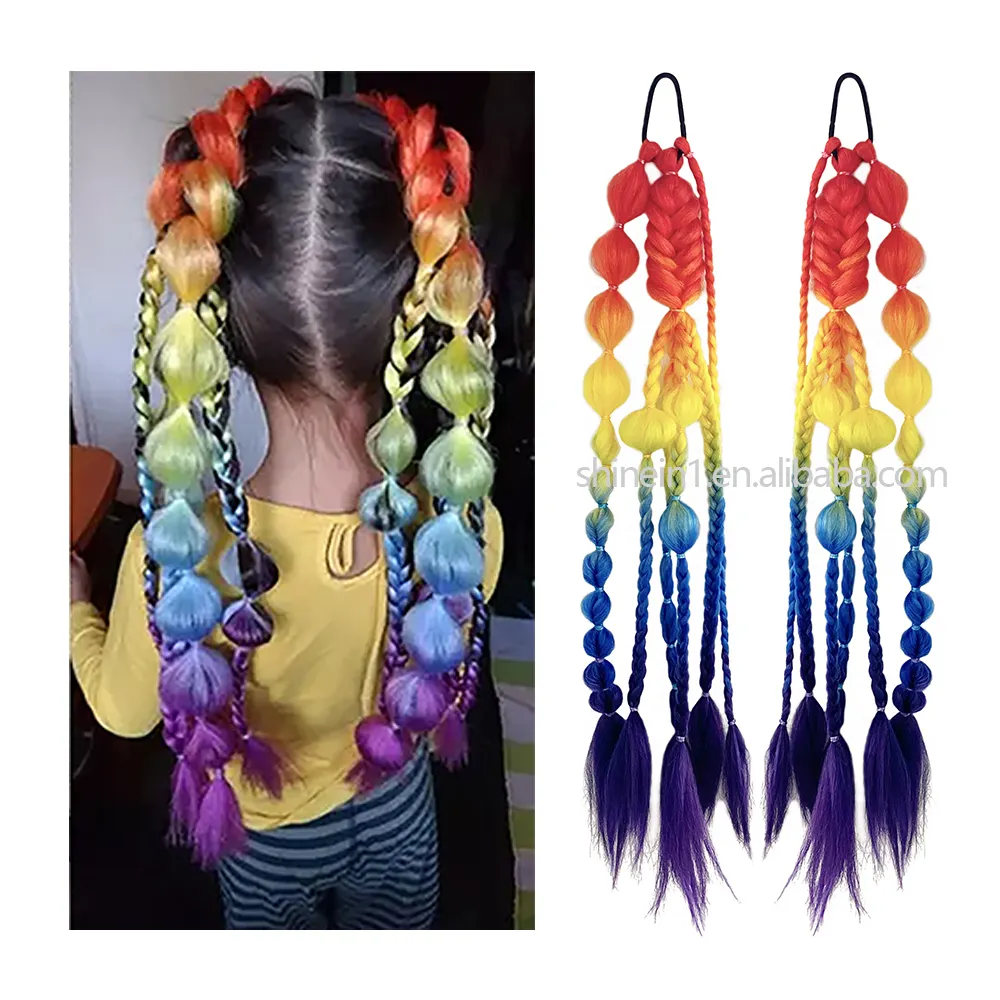 New Design Rubber Band Braided Hair Piece Rainbow Colored Synthetic Bubble Ponytail Hair Braid Extensions for Women