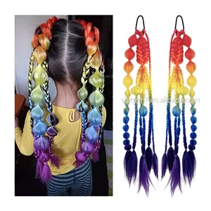 Alibaba New 24in Rubber Band Braided Hair Piece Rainbow Colored Synthetic Bubble Ponytail Hair Braid Extensions for Women