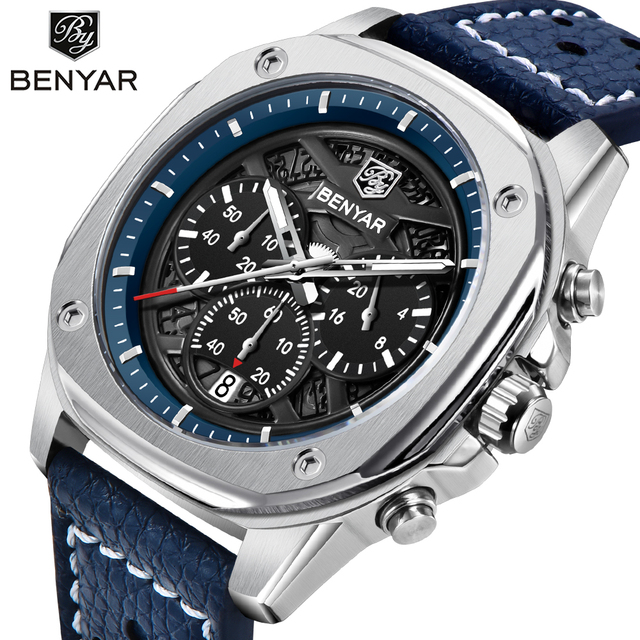 BENYAR 5222 Fashion Brand Men Quartz Watch Calendar Waterproof Leather Strap Luminous Retro Elegant Watches for Man reloj hombre