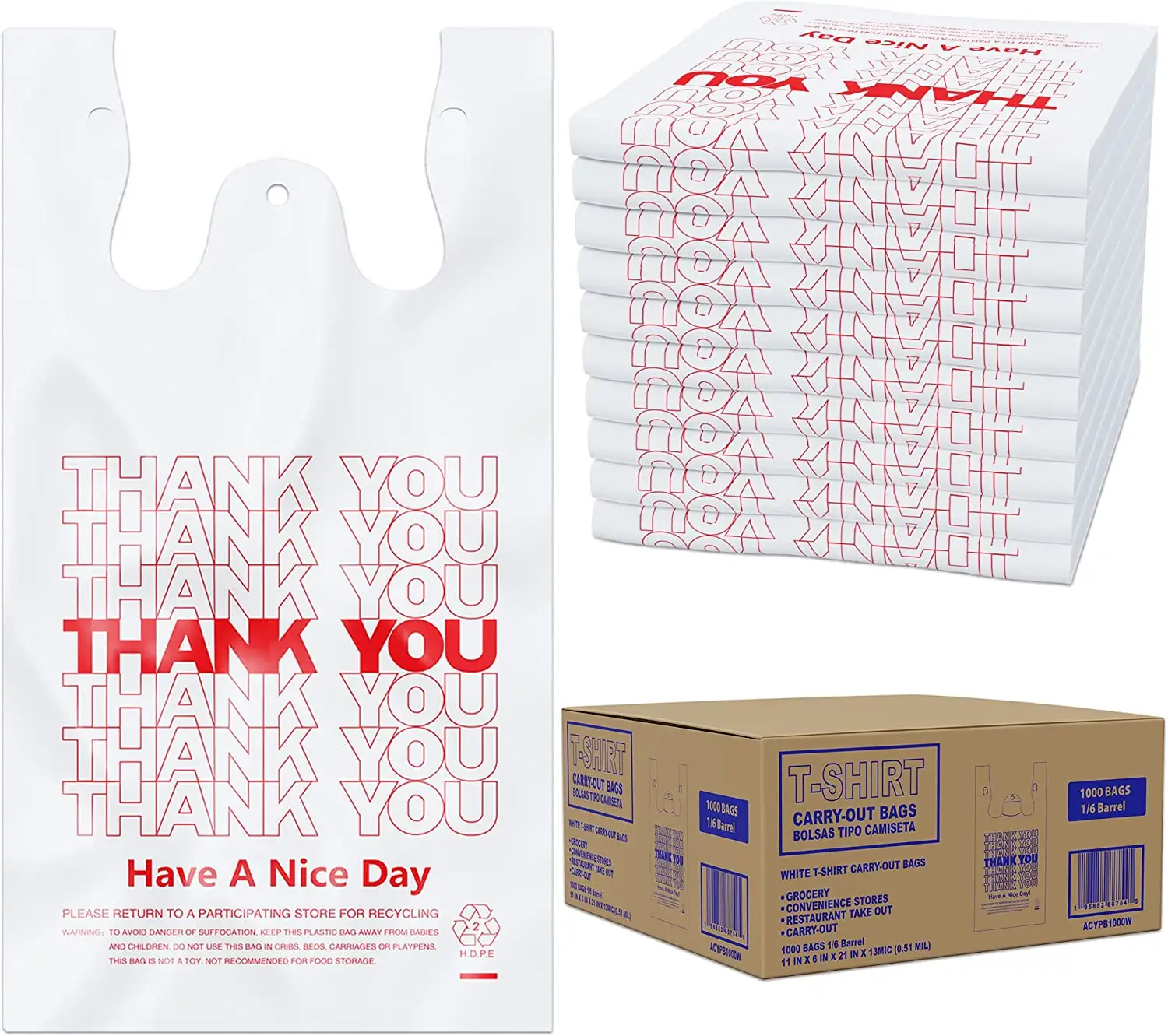 (1000 contagem) Plastic Vest Carrier Food Packaging (11.5 "x 6.5" x 21 ") Obrigado T Shirt Saco De Compras Para Compras Em Massa