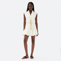Nouvelle Robe Mini Femme en Jean Blanc Cassé à Col Pointu, Boutonnée, avec Surpiqûres Contrastantes, Ceinture et Volants, Style Skater, Personnalisable, Vente en Gros