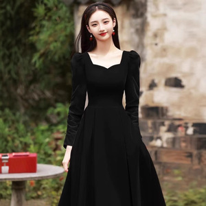 Black Velvet Evening Gown Square Collar A-Line Long Dress For Banquet Art Exam Toasting Parties - Product Image 1