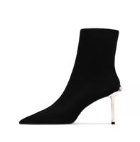 Sepatu Boots Wanita Hitam Bahan Stretch Model Sock, Ujung Runcing Hak Stiletto Tipis Elegan