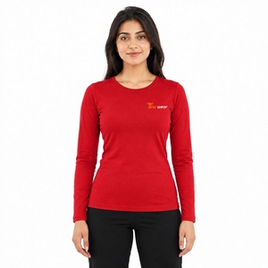 T-shirt à manches longues pour femme, col rond, rouge, uni, décontracté, avec logo, respirant, 100% coton - Product Image 1