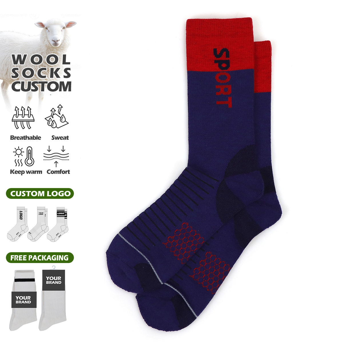 Factory Supply Anti-Odor Wool Thermal Hiking Socks Warm Winter Sport Crew Wool Sock Custom Brand Outdoor Sport Wool Socks