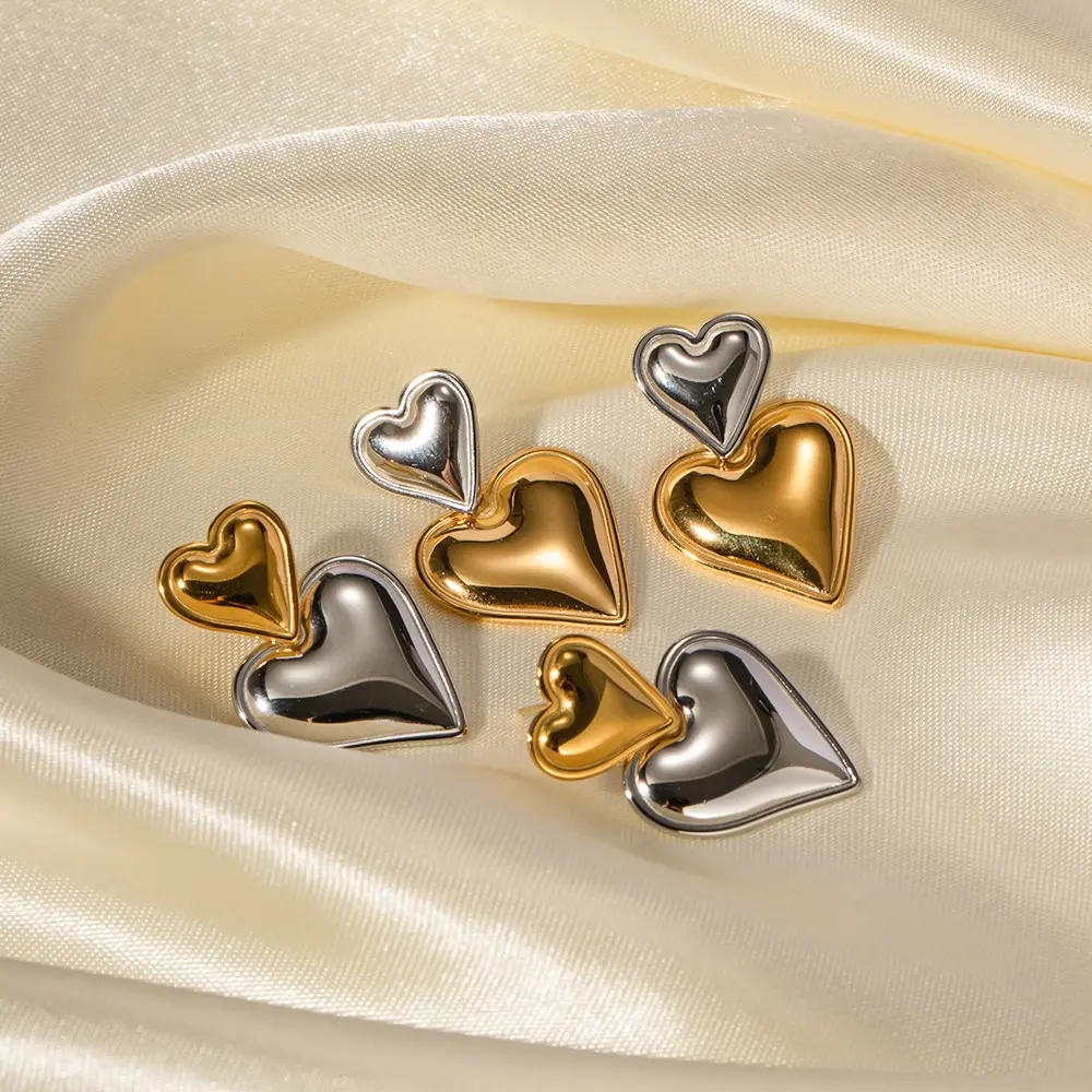 Unique Two Tone Statement Double Heart Earring Waterproof Non Tarnish 18K Gold Silver Trendy Minimalist Heart Shaped Earrings
