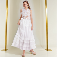 Robe décontractée en dentelle élégante à col ras du cou sexy sans manches à la mode avec A longueur de plancher pour femmes