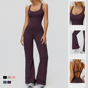 9506 Combinaison de yoga et de sport pour femme, grande taille, effet émerveillé, dos croisé, coupe micro-évasée, longueur intégrale, col en V - Product Image 3