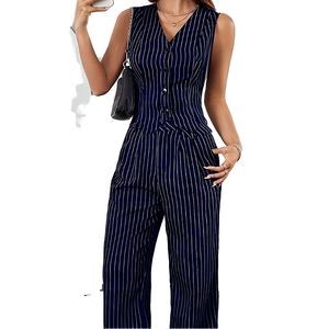Mono de 2 Piezas para Mujer, sin Mangas, Cuello en V, a Rayas, Ecológico, Transpirable, con Botones al Frente, Pantalones Anchos, Casual, Primavera-Verano - Product Image 1