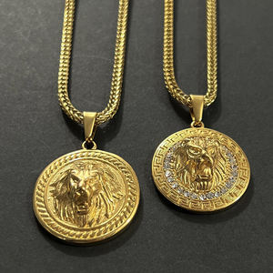 Hiphops קריסטל עגול האריה מדליית PVD זהב פאנק האריה ראש תליון חבל שרשרת נירוסטה ישו חתיכה פנים שרשרת גברים - Product Image 4