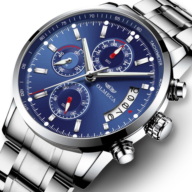 OLMECA Men's Luxury Fashion Quartz Chronograph Watch Stainless Steel Band 43mm Dial Waterproof Sport