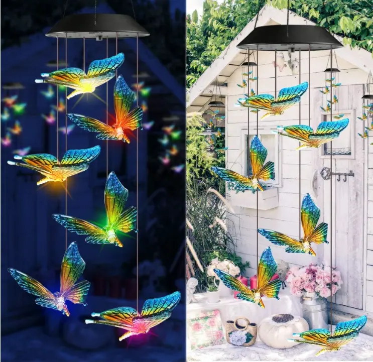 다채로운 태양풍 차임 야외 방수 나비 LED, 가정과 정원을위한 최고의 장식