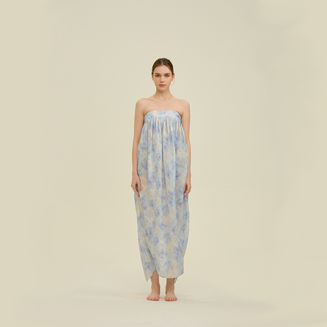 Eco-friendly watercolor style 100% pure ramie tube top flower bud dress with pocket for casual wear