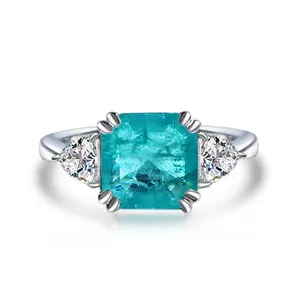 Customized Wedding Jewelry 925 Sterling Silver Rhodium Three Stone 10mm Emerald Square Synthetic Paraiba Ring