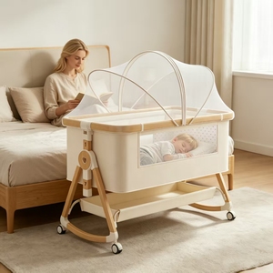 Portable Folding Baby Crib With Bottom Storage Basket, Easy Move Wheeled Design Practical Home Nursery Sleeping <strong>Cot</strong> - Product Image 6