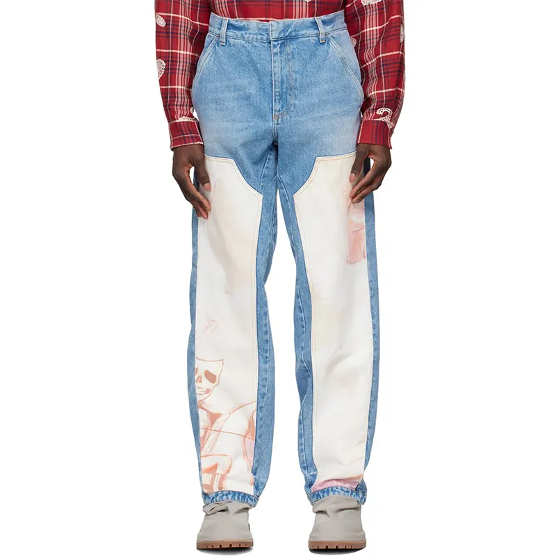 Custom Heren Kleding Hoge Kwaliteit Baggy Jeans Mode Grafische Gedrukt Streetwear Outdoor Klassieke Blauw Patchwork Jeans