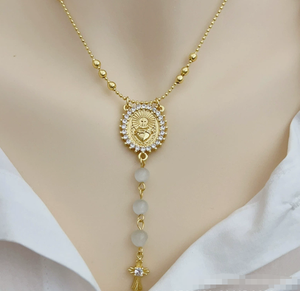 Collier vintage avec médaille <span class=keywords><strong>de</strong></span> la Vierge <span class=keywords><strong>Marie</strong></span> catholique, perles <span class=keywords><strong>de</strong></span> jade <span class=keywords><strong>rose</strong></span>, médaille <span class=keywords><strong>de</strong></span> Notre-Dame en zircon cubique et croix en forme <span class=keywords><strong>de</strong></span> cœur - Product Image 6
