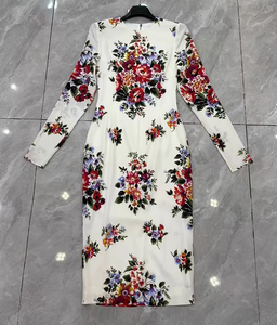 Abito Bodycon XXL da Festa, Moda Primavera 2026, <span class=keywords><strong>Vestito</strong></span> Elegante Bianco a Maniche Lunghe con Stampa Floreale Colorata, Lussuoso per Signora - Product Image 5