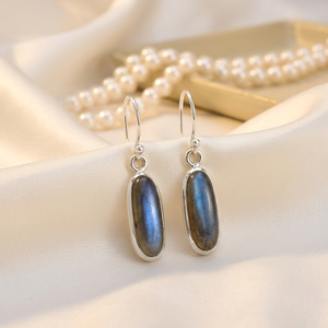 Handmade Gold Plated 925 Sterling <b>Silver</b> <b>Drop</b> <b>Earrings</b> Teardrop Black Labradorite Stone Long Oval Shape for Women Party Occasion - Product Image 4