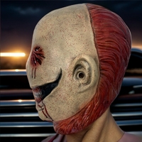 Masque intégral en latex beige de démon chauve avec yeux sanglants cousus, bouche sanglante surdimensionnée, dents pointues, amusant et original pour fête d'Halloween