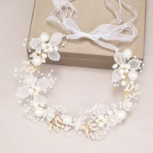 New Pearl Flower Princess Fairy Headband 33-36cm Bridal Wedding Tiara Sweet Children Party Headband