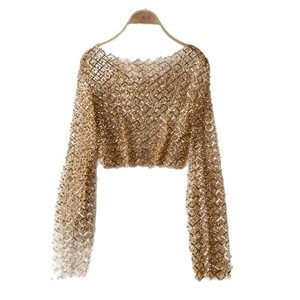 T-shirt court à manches longues pour femme, style européen, nouveau, élégant, haut de gamme, avec des <span class=keywords><strong>perles</strong></span> et des paillettes, col rond, coupe ajustée - Product Image 5