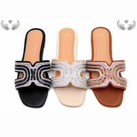 Sandales pour femmes à bout ouvert avec strass, tongs antidérapantes, pantoufles d'été tendance, chaussures plates pour femmes