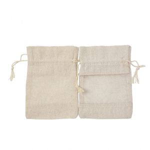 Custom Organic Cotton <b>Drawstring</b> <b>Pouch</b> Bag Small Jute Burlap with Organza Window Recyclable for Sock Packaging - Product Image 5