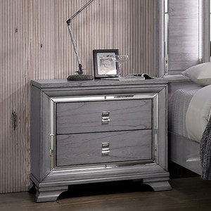 Contemporary Light Gray Nightstand Solid Wood Dovetail Drawers <b>Mirror</b> Trim Acrylic Pulls Bedroom Furniture <b>Bedside</b> <b>Table</b> - Product Image 1