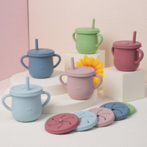 E-Pro Tùy Chỉnh 2in1 Trẻ Em Bé Silicone Snack Sippy Cup Rơm Không-Tràn Toddler Ráp Uống Đào Tạo Cup PVC Miễn Phí - Product Image 1