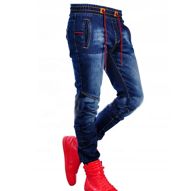 Men's New Large-Size Jeans Elasticize Waist Tie Slim Casual Classic Blue Waist Stretch Joinable Fashion Simple Jeans Pants