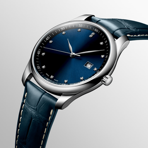 Montre mécanique Longinesing compacte et raffinée avec cadran bleu, index des heures en pierres précieuses, aiguille des secondes, en acier inoxydable - Product Image 1