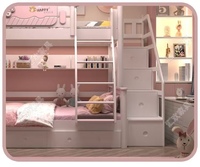 Lit superposé en bois massif de style minimaliste européen, bleu ou rose, avec glissière et tiroirs de rangement en dessous