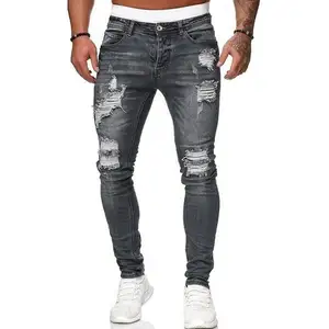 Custom Taps Toelopende Stretch Distressed Gescheurd Skinny Damage White Black Denim Heren Jeans Broek Broek Voor Heren