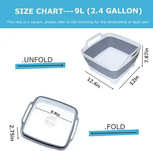 9L Collapsible And Portable Multifunction Basin Foldable Laundry Tub With Drain Plug For Kitchen Sink Camping Gray