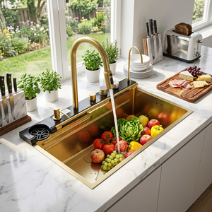 Évier simple fait main 750x450mm facile à nettoyer |   AW-7545JY 201 SS Robinet de comptoir avec finitions PVD, montage intelligent sur plancher - Product Image 1