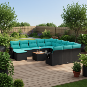 Set di divani da giardino in polyrattan nero con cuscini, collezione di mobili da esterno da 13 pezzi - Product Image 2