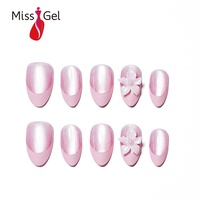Lot de 32 faux ongles magnétiques œil de chat à presser, roses, en amande, faits à la main, avec motifs floraux, courts