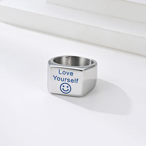 Love <b>Yourself</b> Blue Smiley Face Titanium Steel Ring Men's Fashion Jewelry Gift - Product Image 4