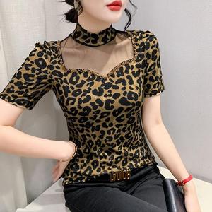 Gracieux influenceur en ligne imprimé léopard T-shirt à manches courtes femme creux Sexy minceur coupe ajustée Patchwork chemise en maille - Product Image 3