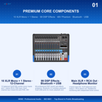 HKNC HK-GI2012 Console de mixage 12 canaux DSP BT USB 48V Phantom pour scène, sonorisation en direct, conférence, auditorium