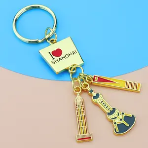Souvenir grosir kustom Anime bentuk hati saya Cinta Shanghai Logo logam emas gantungan kunci Enamel keras lembut gantungan kunci dengan Logo wanita