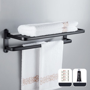 Nessuna perforazione della parete montato nero bagno <span class=keywords><strong>portasciugamani</strong></span> in alluminio auto adesivo nero <span class=keywords><strong>portasciugamani</strong></span> - Product Image 3