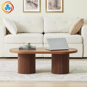 Modern Fluted Pedestal Wooden <b>Coffee</b> <b>Table</b> Minimalist Design with Optional Finishes and Double Column Base for Living Room - Product Image 1